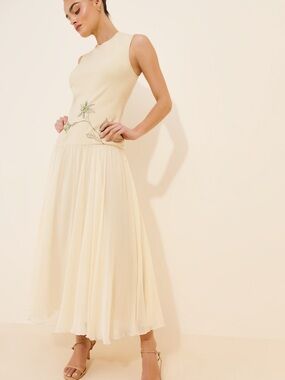 Geisha Designs Cream Floral Embroidered Drop Waist Formal Sleeveless Maxi Dress